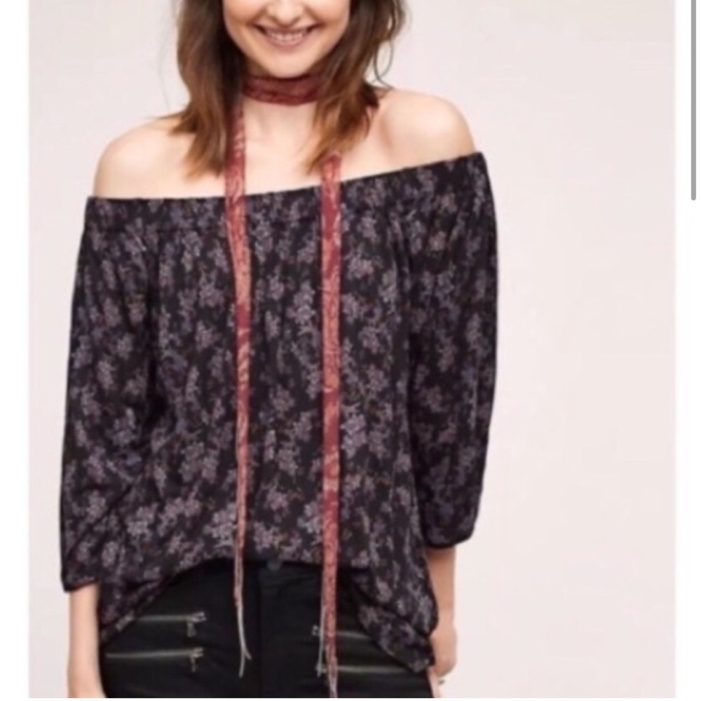 Anthropologie Deletta Black Purple Floral Off Shoulder Top, Women's Large
